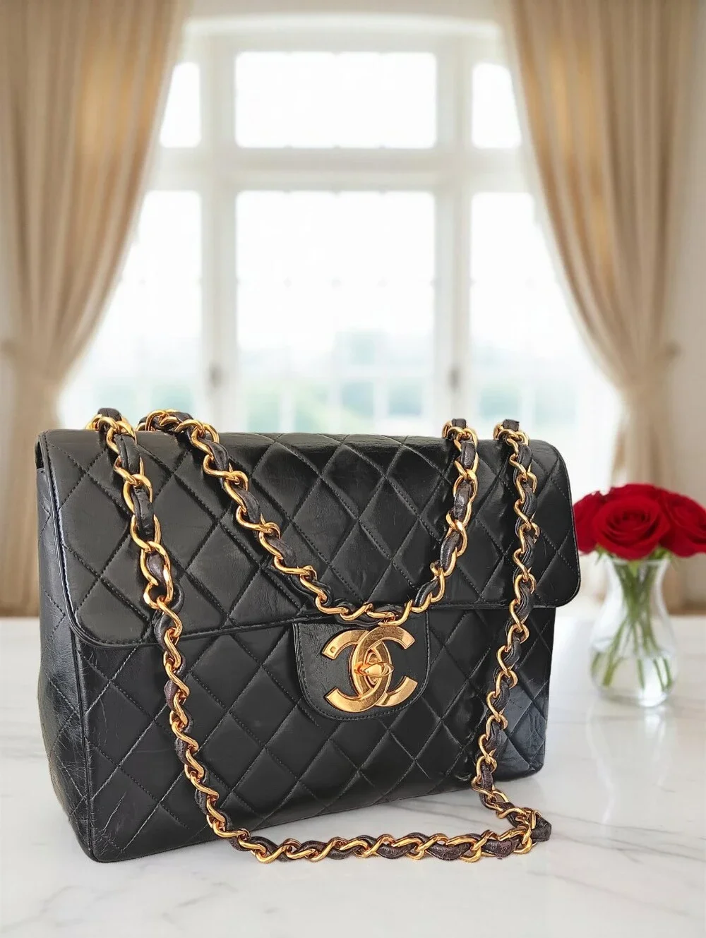 Chanel Vintage Jumbo Classic Flap Black Lambskin 24K Gold ✨ COA - Picture 2 of 15